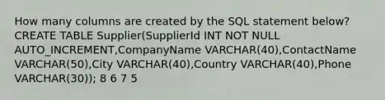 How many columns are created by the SQL statement below? CREATE TABLE Supplier(SupplierId INT NOT NULL AUTO_INCREMENT,CompanyName VARCHAR(40),ContactName VARCHAR(50),City VARCHAR(40),Country VARCHAR(40),Phone VARCHAR(30)); 8 6 7 5