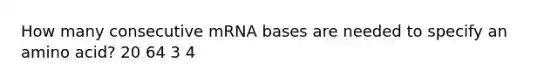 How many consecutive mRNA bases are needed to specify an amino acid? 20 64 3 4