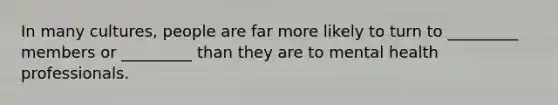 In many cultures, people are far more likely to turn to _________ members or _________ than they are to mental health professionals.