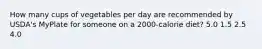 How many cups of vegetables per day are recommended by USDA's MyPlate for someone on a 2000-calorie diet? 5.0 1.5 2.5 4.0