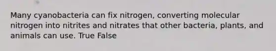 Many cyanobacteria can fix nitrogen, converting molecular nitrogen into nitrites and nitrates that other bacteria, plants, and animals can use. True False