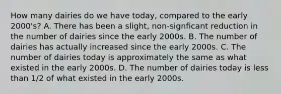 How many dairies do we have today, compared to the early 2000's? A. There has been a slight, non-signficant reduction in the number of dairies since the early 2000s. B. The number of dairies has actually increased since the early 2000s. C. The number of dairies today is approximately the same as what existed in the early 2000s. D. The number of dairies today is <a href='https://www.questionai.com/knowledge/k7BtlYpAMX-less-than' class='anchor-knowledge'>less than</a> 1/2 of what existed in the early 2000s.