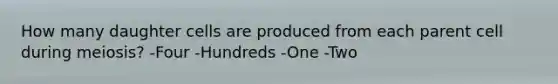 How many daughter cells are produced from each parent cell during meiosis? -Four -Hundreds -One -Two