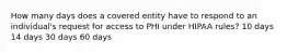 How many days does a covered entity have to respond to an individual's request for access to PHI under HIPAA rules? 10 days 14 days 30 days 60 days