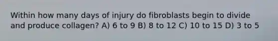 Within how many days of injury do fibroblasts begin to divide and produce collagen? A) 6 to 9 B) 8 to 12 C) 10 to 15 D) 3 to 5