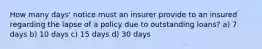 How many days' notice must an insurer provide to an insured regarding the lapse of a policy due to outstanding loans? a) 7 days b) 10 days c) 15 days d) 30 days