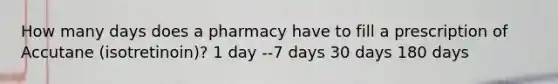 How many days does a pharmacy have to fill a prescription of Accutane (isotretinoin)? 1 day --7 days 30 days 180 days