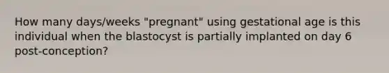 How many days/weeks "pregnant" using gestational age is this individual when the blastocyst is partially implanted on day 6 post-conception?