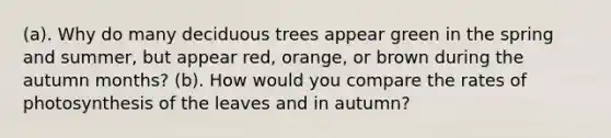 (a). Why do many deciduous trees appear green in the spring and summer, but appear red, orange, or brown during the autumn months? (b). How would you compare the rates of photosynthesis of the leaves and in autumn?