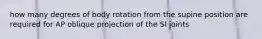 how many degrees of body rotation from the supine position are required for AP oblique projection of the SI joints