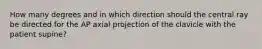 How many degrees and in which direction should the central ray be directed for the AP axial projection of the clavicle with the patient supine?