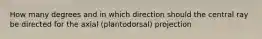 How many degrees and in which direction should the central ray be directed for the axial (plantodorsal) projection