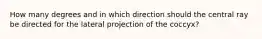 How many degrees and in which direction should the central ray be directed for the lateral projection of the coccyx?