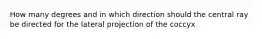 How many degrees and in which direction should the central ray be directed for the lateral projection of the coccyx