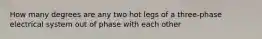 How many degrees are any two hot legs of a three-phase electrical system out of phase with each other