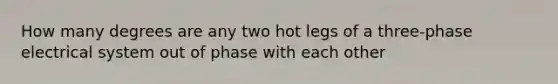 How many degrees are any two hot legs of a three-phase electrical system out of phase with each other