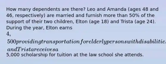 How many dependents are there? Leo and Amanda (ages 48 and 46, respectively) are married and furnish more than 50% of the support of their two children, Elton (age 18) and Trista (age 24). During the year, Elton earns 4,500 providing transportation for elderly persons with disabilities, and Trista receives a5,000 scholarship for tuition at the law school she attends.