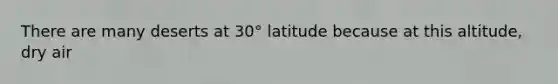 There are many deserts at 30° latitude because at this altitude, dry air