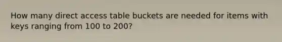 How many direct access table buckets are needed for items with keys ranging from 100 to 200?