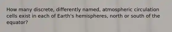 How many discrete, differently named, atmospheric circulation cells exist in each of Earth's hemispheres, north or south of the equator?