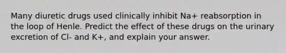 Many diuretic drugs used clinically inhibit Na+ reabsorption in the loop of Henle. Predict the effect of these drugs on the urinary excretion of Cl- and K+, and explain your answer.