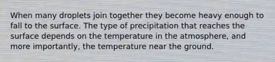 When many droplets join together they become heavy enough to fall to the surface. The type of precipitation that reaches the surface depends on the temperature in the atmosphere, and more importantly, the temperature near the ground.