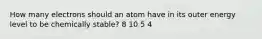 How many electrons should an atom have in its outer energy level to be chemically stable? 8 10 5 4