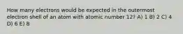 How many electrons would be expected in the outermost electron shell of an atom with atomic number 12? A) 1 B) 2 C) 4 D) 6 E) 8