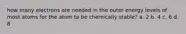 how many electrons are needed in the outer energy levels of most atoms for the atom to be chemically stable? a. 2 b. 4 c. 6 d. 8