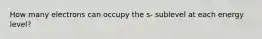 How many electrons can occupy the s- sublevel at each energy level?