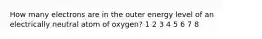 How many electrons are in the outer energy level of an electrically neutral atom of oxygen? 1 2 3 4 5 6 7 8