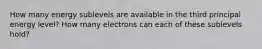 How many energy sublevels are available in the third principal energy level? How many electrons can each of these sublevels hold?