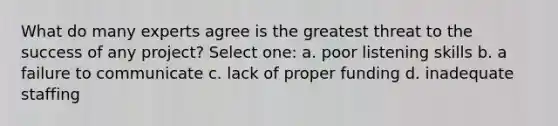 What do many experts agree is the greatest threat to the success of any project? Select one: a. poor listening skills b. a failure to communicate c. lack of proper funding d. inadequate staffing