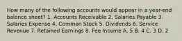 How many of the following accounts would appear in a year-end balance sheet? 1. Accounts Receivable 2. Salaries Payable 3. Salaries Expense 4. Common Stock 5. Dividends 6. Service Revenue 7. Retained Earnings 8. Fee Income A. 5 B. 4 C. 3 D. 2