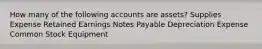 How many of the following accounts are assets? Supplies Expense Retained Earnings Notes Payable Depreciation Expense Common Stock Equipment