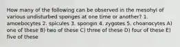 How many of the following can be observed in the mesohyl of various undisturbed sponges at one time or another? 1. amoebocytes 2. spicules 3. spongin 4. zygotes 5. choanocytes A) one of these B) two of these C) three of these D) four of these E) five of these