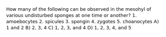 How many of the following can be observed in the mesohyl of various undisturbed sponges at one time or another? 1. amoebocytes 2. spicules 3. spongin 4. zygotes 5. choanocytes A) 1 and 2 B) 2, 3, 4 C) 1, 2, 3, and 4 D) 1, 2, 3, 4, and 5