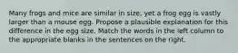 Many frogs and mice are similar in size, yet a frog egg is vastly larger than a mouse egg. Propose a plausible explanation for this difference in the egg size. Match the words in the left column to the appropriate blanks in the sentences on the right.