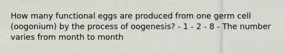 How many functional eggs are produced from one germ cell (oogonium) by the process of oogenesis? - 1 - 2 - 8 - The number varies from month to month