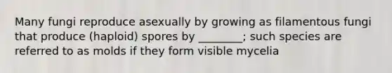 Many fungi reproduce asexually by growing as filamentous fungi that produce (haploid) spores by ________; such species are referred to as molds if they form visible mycelia