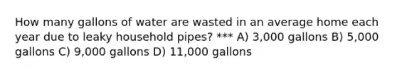 How many gallons of water are wasted in an average home each year due to leaky household pipes? *** A) 3,000 gallons B) 5,000 gallons C) 9,000 gallons D) 11,000 gallons