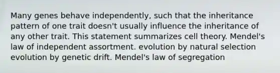 Many genes behave independently, such that the inheritance pattern of one trait doesn't usually influence the inheritance of any other trait. This statement summarizes cell theory. Mendel's law of independent assortment. evolution by natural selection evolution by genetic drift. Mendel's law of segregation