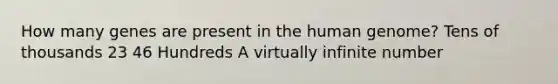 How many genes are present in the human genome? Tens of thousands 23 46 Hundreds A virtually infinite number