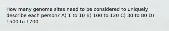 How many genome sites need to be considered to uniquely describe each person? A) 1 to 10 B) 100 to 120 C) 30 to 80 D) 1500 to 1700