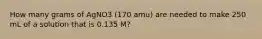 How many grams of AgNO3 (170 amu) are needed to make 250 mL of a solution that is 0.135 M?