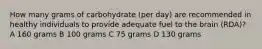 How many grams of carbohydrate (per day) are recommended in healthy individuals to provide adequate fuel to the brain (RDA)? A 160 grams B 100 grams C 75 grams D 130 grams