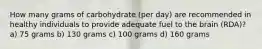 How many grams of carbohydrate (per day) are recommended in healthy individuals to provide adequate fuel to the brain (RDA)? a) 75 grams b) 130 grams c) 100 grams d) 160 grams