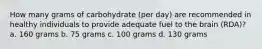 How many grams of carbohydrate (per day) are recommended in healthy individuals to provide adequate fuel to the brain (RDA)? a. 160 grams b. 75 grams c. 100 grams d. 130 grams