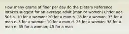 How many grams of fiber per day do the Dietary Reference Intakes suggest for an average adult (man or women) under age 50? a. 10 for a woman; 20 for a man b. 28 for a woman; 35 for a man c. 5 for a woman; 10 for a man d. 25 for a woman; 38 for a man e. 35 for a woman; 45 for a man