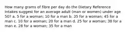 How many grams of fibre per day do the Dietary Reference Intakes suggest for an average adult (man or women) under age 50? a. 5 for a woman; 10 for a man b. 35 for a woman; 45 for a man c. 10 for a woman; 20 for a man d. 25 for a woman; 38 for a man e. 28 for a woman; 35 for a man